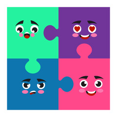 Abstract puzzles. Emotion expression. Happy or angry faces. Beloved emoticon. Jigsaw connection. Cartoon emoji. Joy and happiness. Comic smiles. Parts join. Emotional feelings. Vector color banner