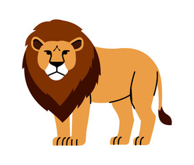 Lion. Male animal. Savannah predator, mammal cat. Standing mascot. Symbol of wildlife and zoo, strength and nobility. King of Africa safari. Vector cartoon flat style isolated minimal illustration