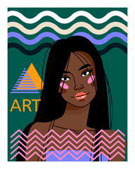 Woman face poster. Beautiful young female portrait. African person beauty. Geometric abstract triangle shapes. Stylish lady hairstyle. Fashionable attractive girl head. Vector glamour journal banner