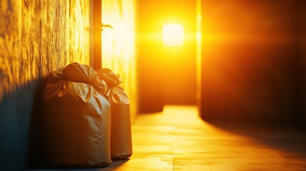 Two large orange bags sit in a dimly lit corridor with warm golden sunlight streaming in from a distant doorway creating glowing lens flares and atmospheric shadows