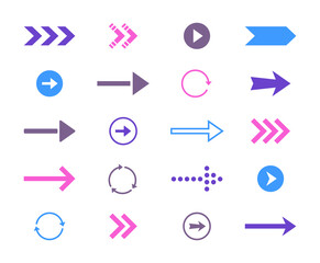 Arrow ux ui. Different interface symbols. Minimalistic icons, web buttons design, navigation or orientation dynamic simple pointers. Colorful silhouettes for presentation. Vector flat isolated set