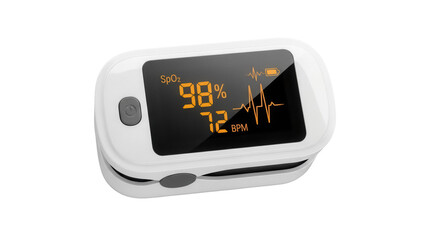 Isolated portable pulse oximeter showing pulse rate of 72 BPM and SpO2 level of 98 percent