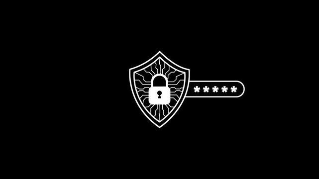 White shield with padlock and password input on black background security. 4k video animation