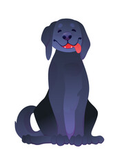 Cartoon pet. Cute large black dog. Fluffy fur puppy with sticking out tongue. Domestic animal adoption. Sitting doggy mammal. Purebred pedigree. Vet grooming. Isolated canine vector shaggy character