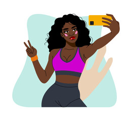 Fit sport. Woman in athletic clothing posing for selfie. Sportsman making photo with smartphone. Fitness training. Attractive athlete. Slim female body. Gym workout. Victory gesture. Vector concept