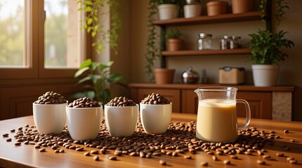 Cozy coffee shop with a wooden table covered in scattered roasted coffee beans, four white ceramic coffee cups filled to the top with coffee beans.