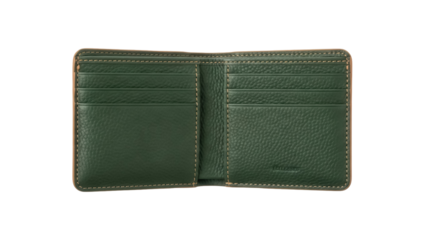 Isolated, open green leather wallet with pockets and seams, perfect for carrying cards or cash