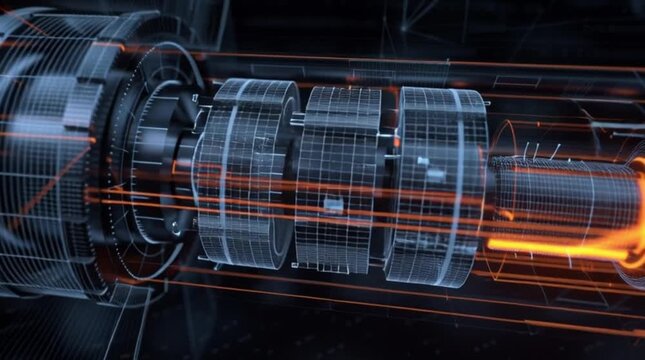 Futuristic Engine Shaft Blueprint Wireframe Design
