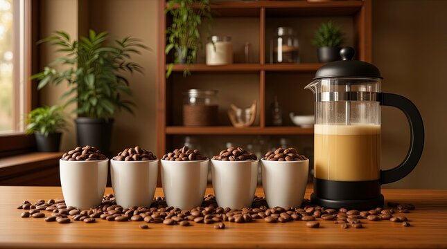 Cozy coffee shop with a wooden table covered in scattered roasted coffee beans, four white ceramic coffee cups filled to the top with coffee beans. - Powered by Adobe