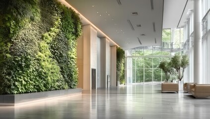 Fototapeta premium Expansive Modern Lobby Featuring Lush Vertical Garden, Polished Floors, and Bright Natural Light from Floor-to-Ceiling Windows.