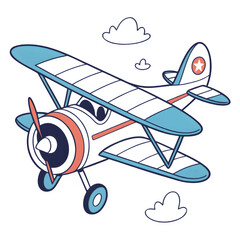 A charming retro biplane illustration with a red propeller flies through a cloudy sky. © Muhammad