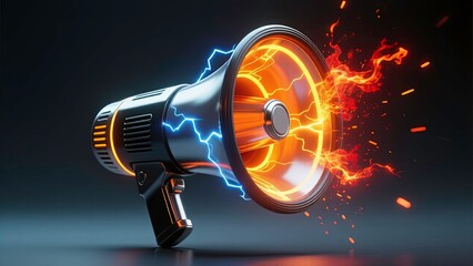 Megaphone Lightning Bolt Powerful and Impactful Speech Concept: Glowing megaphone emitting sparks and energy, signifying powerful announcement or news.