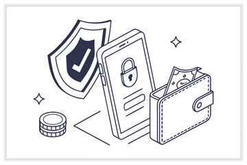 Digital Wallet Vector Illustration Set Mobile Payment, Online Banking, Fintech, Cashless Transaction