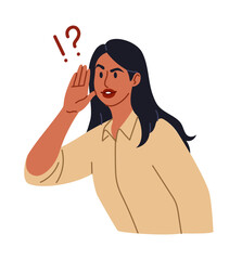 News eavesdrop. Gossip listen. Curious woman with hearing gesture. Curiosity hidden female pose. Surprised of secret story. Interested girl gossiping. Private rumor whisper. Deaf ear. Vector concept