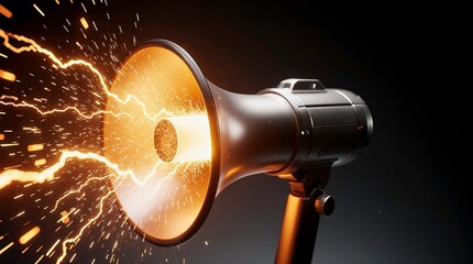 Megaphone Lightning Bolt Powerful and Impactful Speech Concept: Glowing megaphone emitting sparks and energy, signifying powerful announcement or news.
