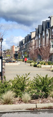 A brick walkway in the suburbs on a sunny spring day