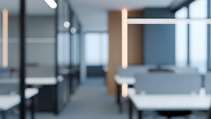 Modern open plan office interior with blurred focus suggesting a busy and collaborative work environment.