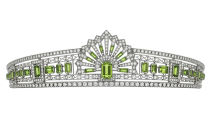 Isolated tiara with green gems and intricate diamond work, royal fashion accessory