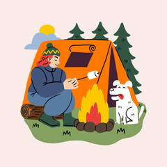 Summer bonfire. Camping tourism. Man roast marshmallows over fire, peaceful relax outdoor travel. Hiker adventures in forest. Happy traveler character and dog. Vector cartoon flat style illustration
