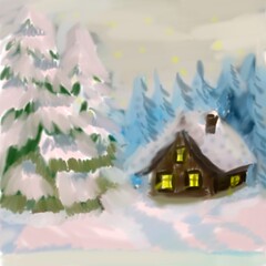 house in forest and snow