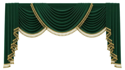 Isolated valance curtain trim, hunter green velvet fabric with gold bullion fringe detail