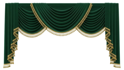 Isolated valance curtain trim, hunter green velvet fabric with gold bullion fringe detail