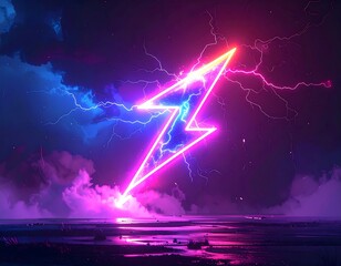 Glowing neon lightning bolt in a stormy, colorful, atmospheric scene