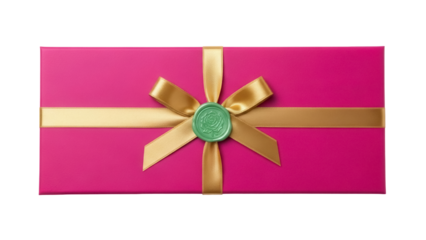 Isolated gift box wrapped with gold ribbon and tied with a decorative green wax seal detail