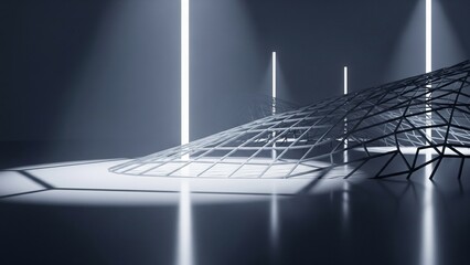 Futuristic Architectural Wireframe Structure in Dark Interior with Neon Light Pillars