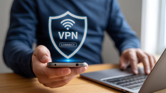 Online Privacy and Data Security Concept with Man Using Smartphone and VPN Connection Icon