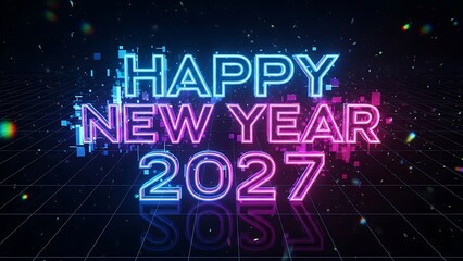 Vibrant neon lights celebrating Happy New Year 2027 in a futuristic environment viewed from a straight-on perspective