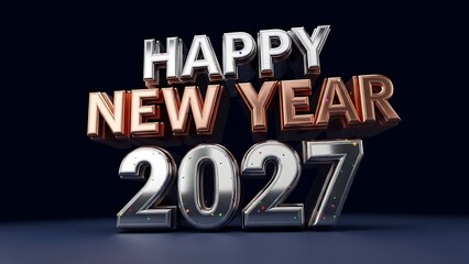A 3D rendering of Happy New Year 2027 metallic text on a dark background