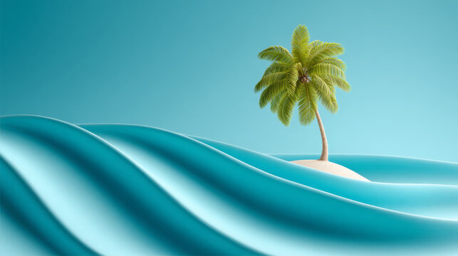 Isolated palm tree on sandy beach surrounded by blue ocean waves  