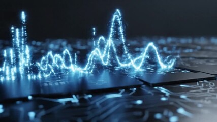Close-up of a circuit board with glowing blue data visualization and sound waves in a dark background with a futuristic and technological mood. - Powered by Adobe