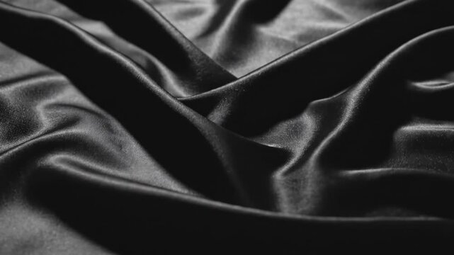 Extreme close-up slow motion shot of black satin fabric gracefully rippling and folding creating deep contrasts of shadow and light cinematic, deep, pattern