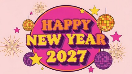 Vibrant New Year's Celebration with Decorative Disco Balls and Stars