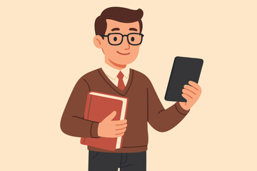 Teacher Using Tablet Illustration with Book in Hand