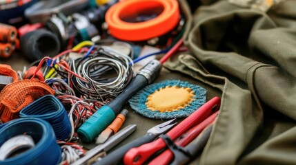A collection of assorted tools and electrical repair supplies arranged within a green fabric bag