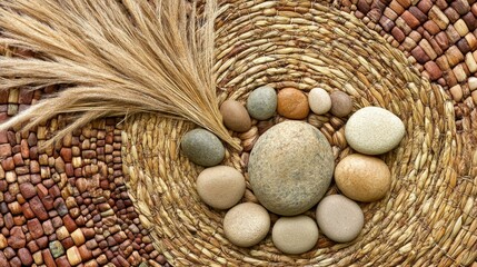 A close up view of a woven grass mat layered with smooth round stones and dried grass