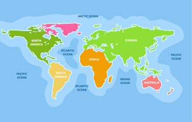 World map continent ocean cartoon. America Africa travel background country design