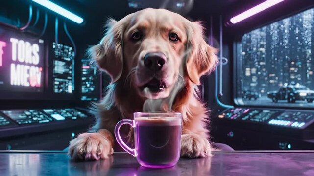 A friendly golden retriever takes a thoughtful break with a steaming neon coffee inside a futuristic high-tech command center on a rainy night
