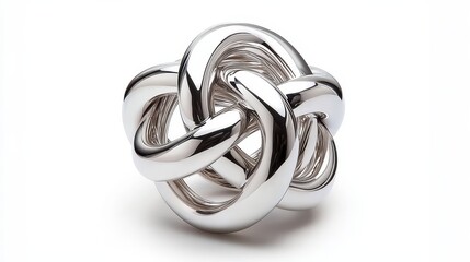 A complex abstract sculpture formed by interlocking polished chrome rings creating a knot-like metallic form with a lustrous sheen