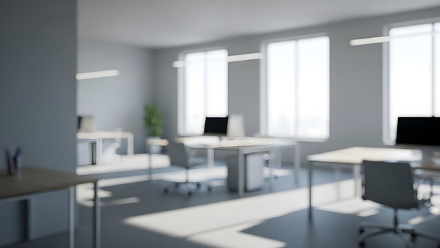 Bright and airy open plan office space with modern desks bathed in soft natural daylight. - Powered by Adobe