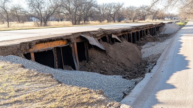 A damaged road section with earth and gravel spilling from a collapsed embankment showcasing severe infrastructure erosion and potential construction failure