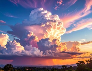 Vivid sunset scene with dramatic, illuminated cloud formations