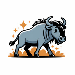 Obraz premium Cute Wildebeest Cartoon Illustration Background with Copy Space, Vibrant Colors, and Whimsical Sparkles