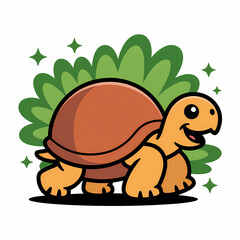 Obraz premium Cute cartoon tortoise illustration, happy and smiling, with green foliage and sparkling stars, perfect for children's books, educational materials, and playful designs, offering ample copy space.