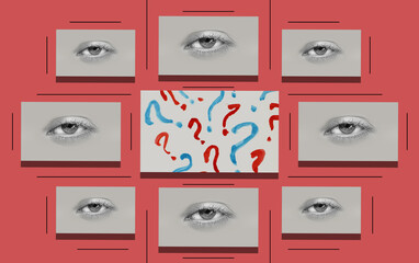 Collage with a female eyes	and question marks