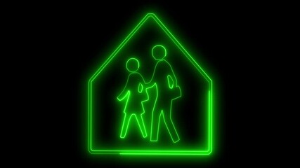 Glowing neon green school zone symbol animation on a black background, education, safety, childhood, urban planning, or community - Powered by Adobe