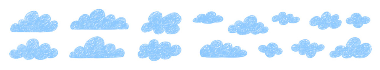 Cloud hand drawn children grunge design. Drawing sky clouds abstract crayon texture doodle icon